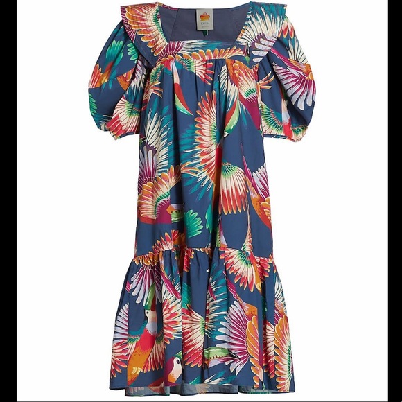 Farm Rio Navy Toucan Puff-Sleeve Midi Dress - Picture 2 of 16